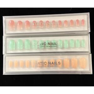 Lot 3 Static Nails Pop On Reusable Manicures Coffin Round Teal Orange Pink Ombre